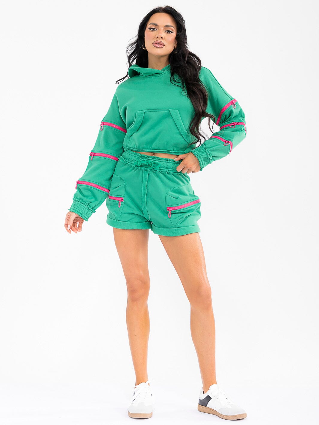 WOMEN'S LONG SLEEVE HOODIE & ELASTIC WAIST SHORTS ZIPPER DETAILED 2PC. SET