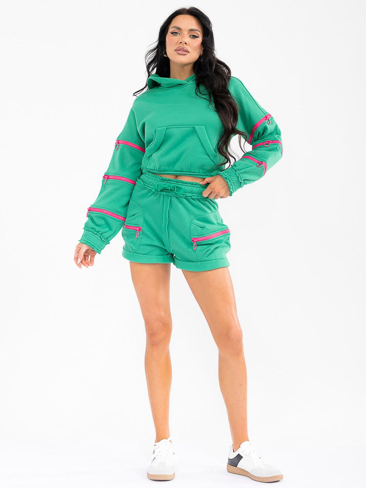 WOMEN'S LONG SLEEVE HOODIE & ELASTIC WAIST SHORTS ZIPPER DETAILED 2PC. SET