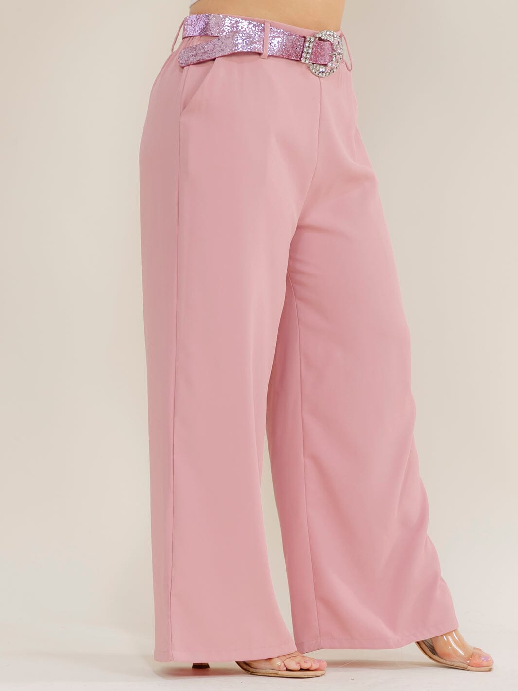 PLUS SIZE ELASTIC WAIST FRONT POCKETS BELTED WIDE LEG PANTS