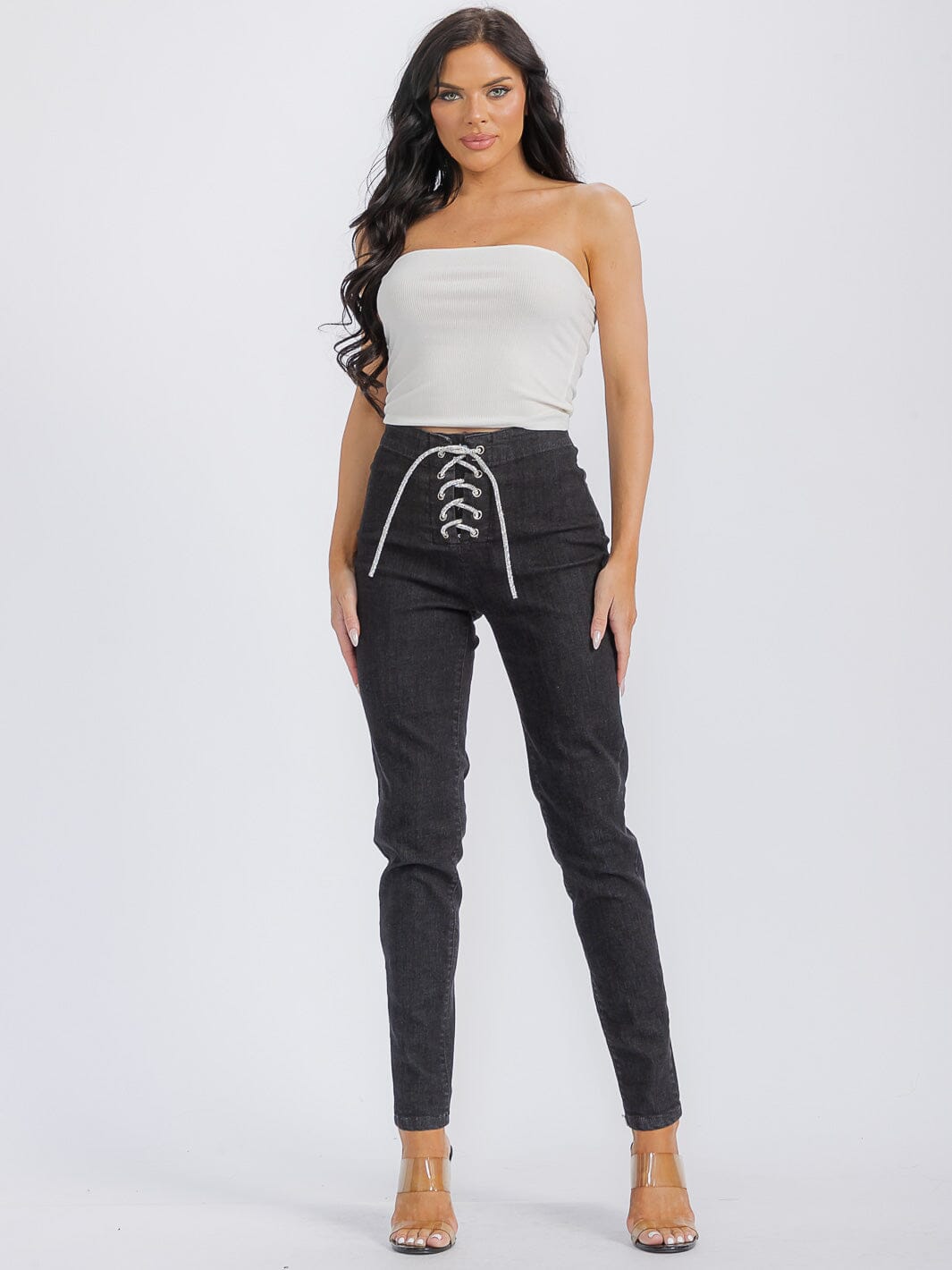 WOMEN'S LACE UP POCKETS DENIM SKINNY PANTS