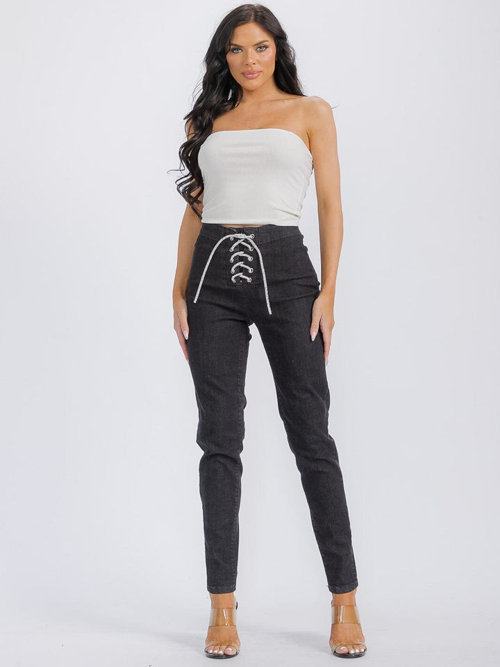 WOMEN'S LACE UP POCKETS DENIM SKINNY PANTS