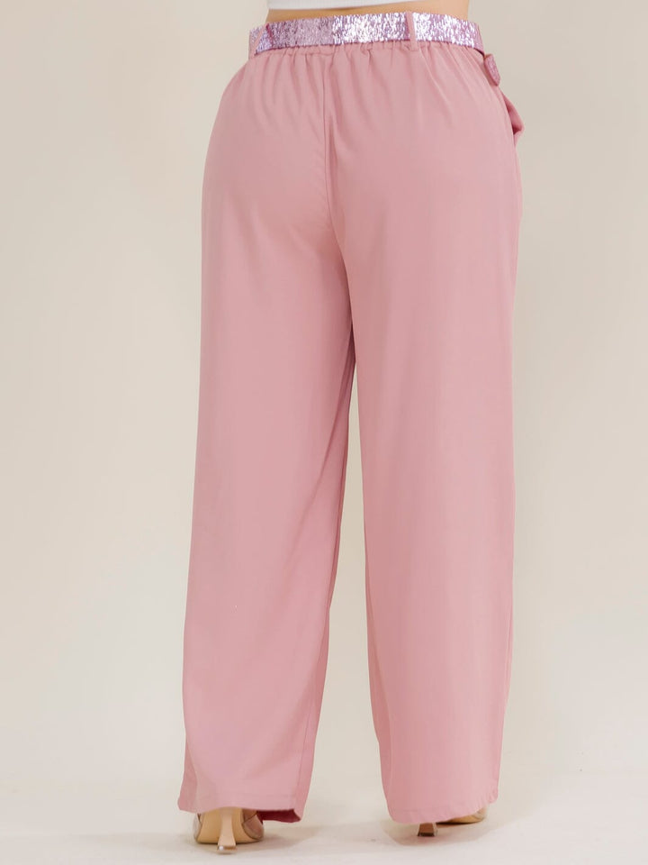 PLUS SIZE ELASTIC WAIST FRONT POCKETS BELTED WIDE LEG PANTS