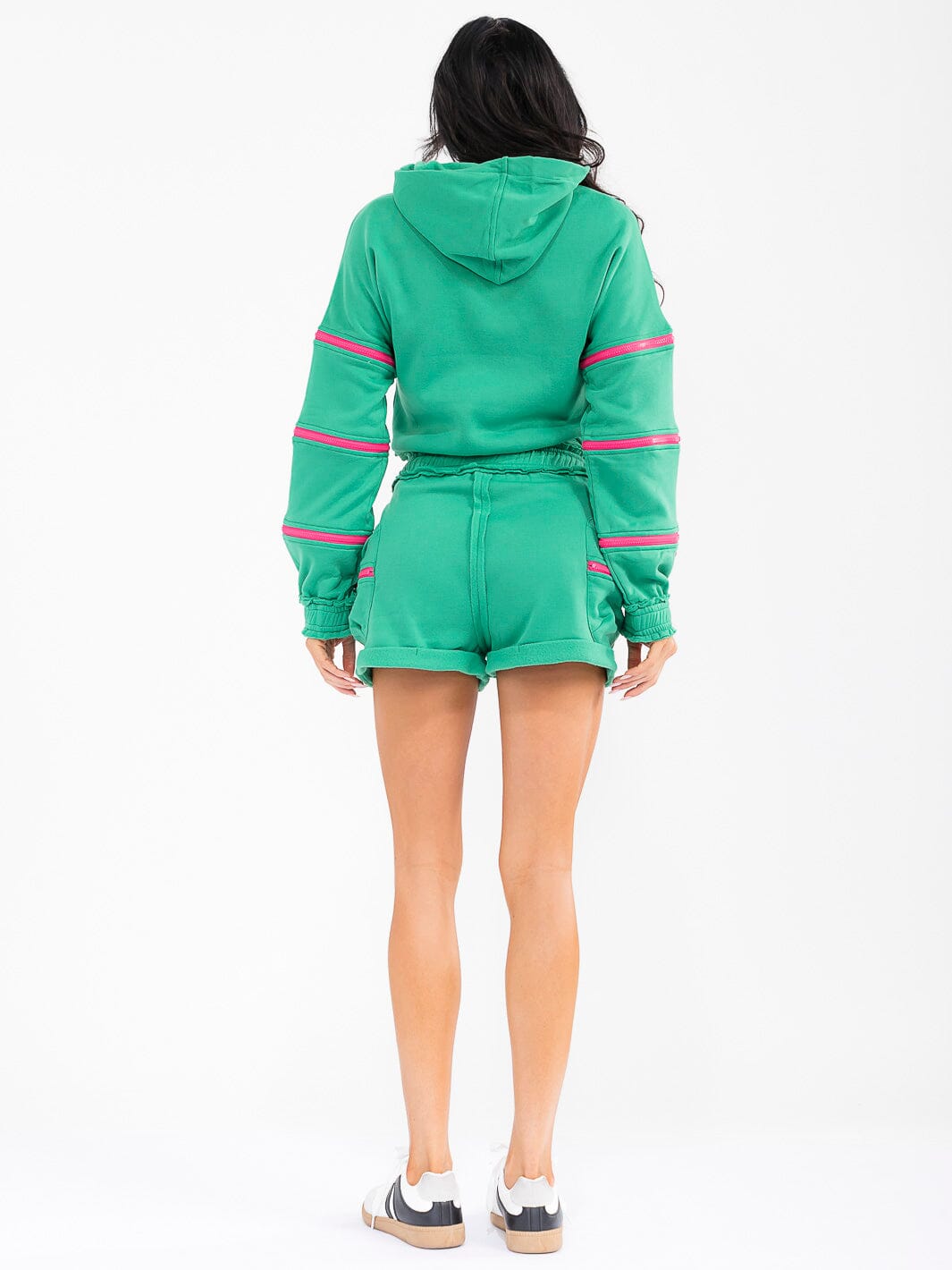 WOMEN'S LONG SLEEVE HOODIE & ELASTIC WAIST SHORTS ZIPPER DETAILED 2PC. SET