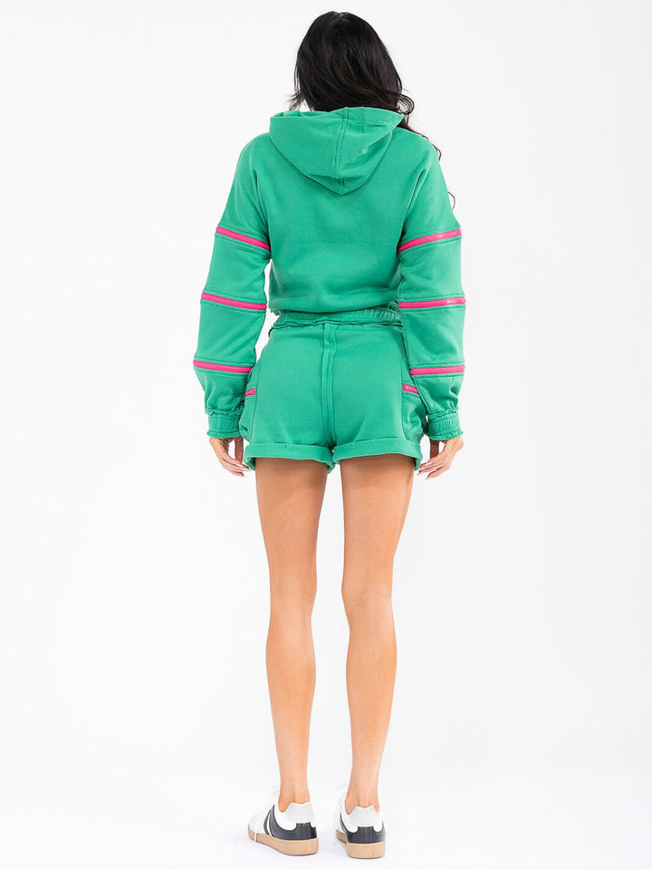 WOMEN'S LONG SLEEVE HOODIE & ELASTIC WAIST SHORTS ZIPPER DETAILED 2PC. SET