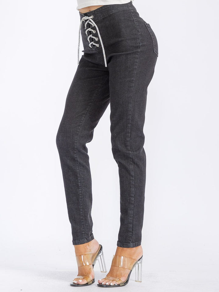 WOMEN'S LACE UP POCKETS DENIM SKINNY PANTS