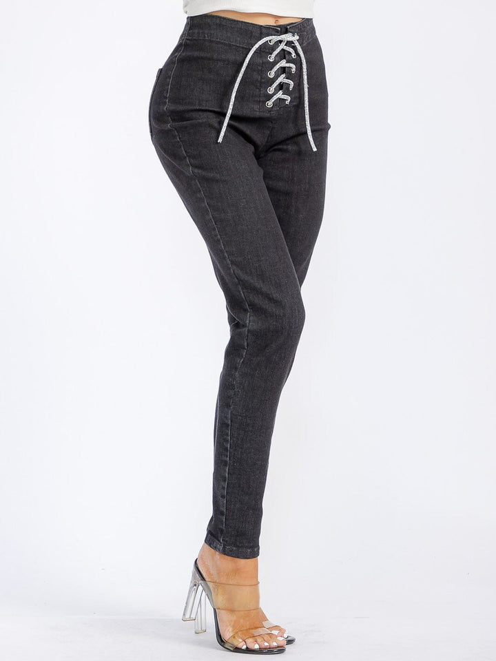 WOMEN'S LACE UP POCKETS DENIM SKINNY PANTS