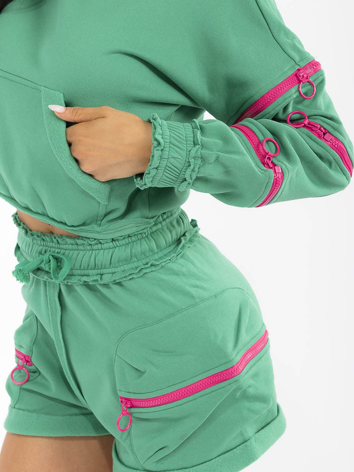 WOMEN'S LONG SLEEVE HOODIE & ELASTIC WAIST SHORTS ZIPPER DETAILED 2PC. SET