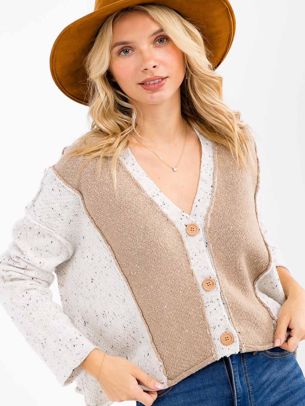 WOMEN'S LONG SLEEVE BUTTON UP COLORBLOCK SWEATER