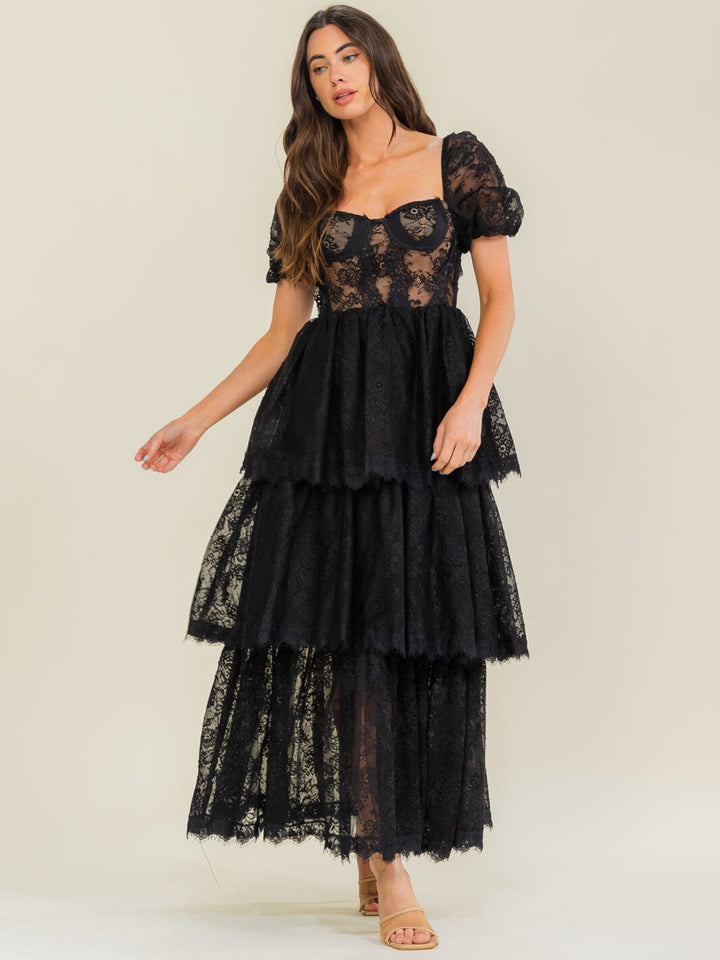 BEULAH WOMEN'S SHORT PUFF SLEEVE RUFFLE TIERED LACE MAXI DRESS