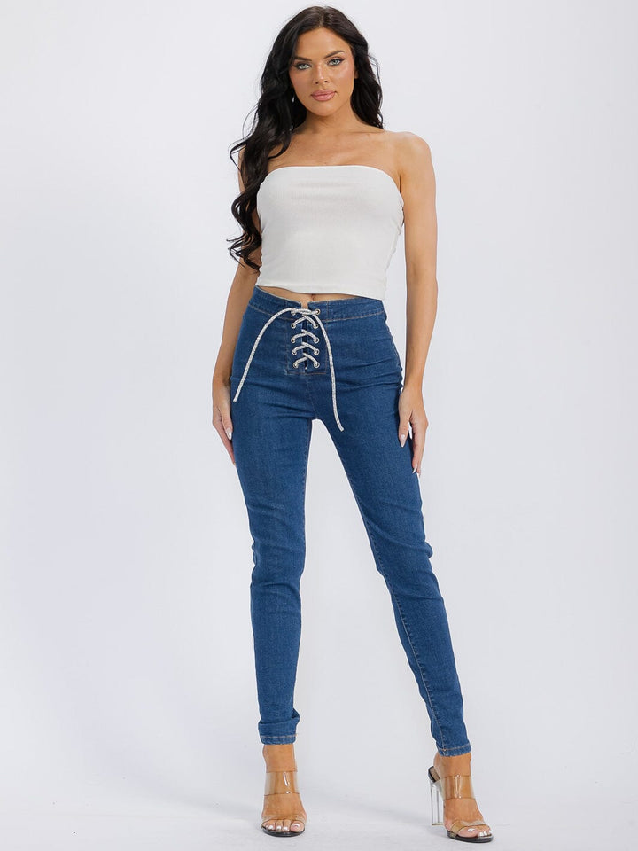 WOMEN'S LACE UP POCKETS DENIM SKINNY PANTS