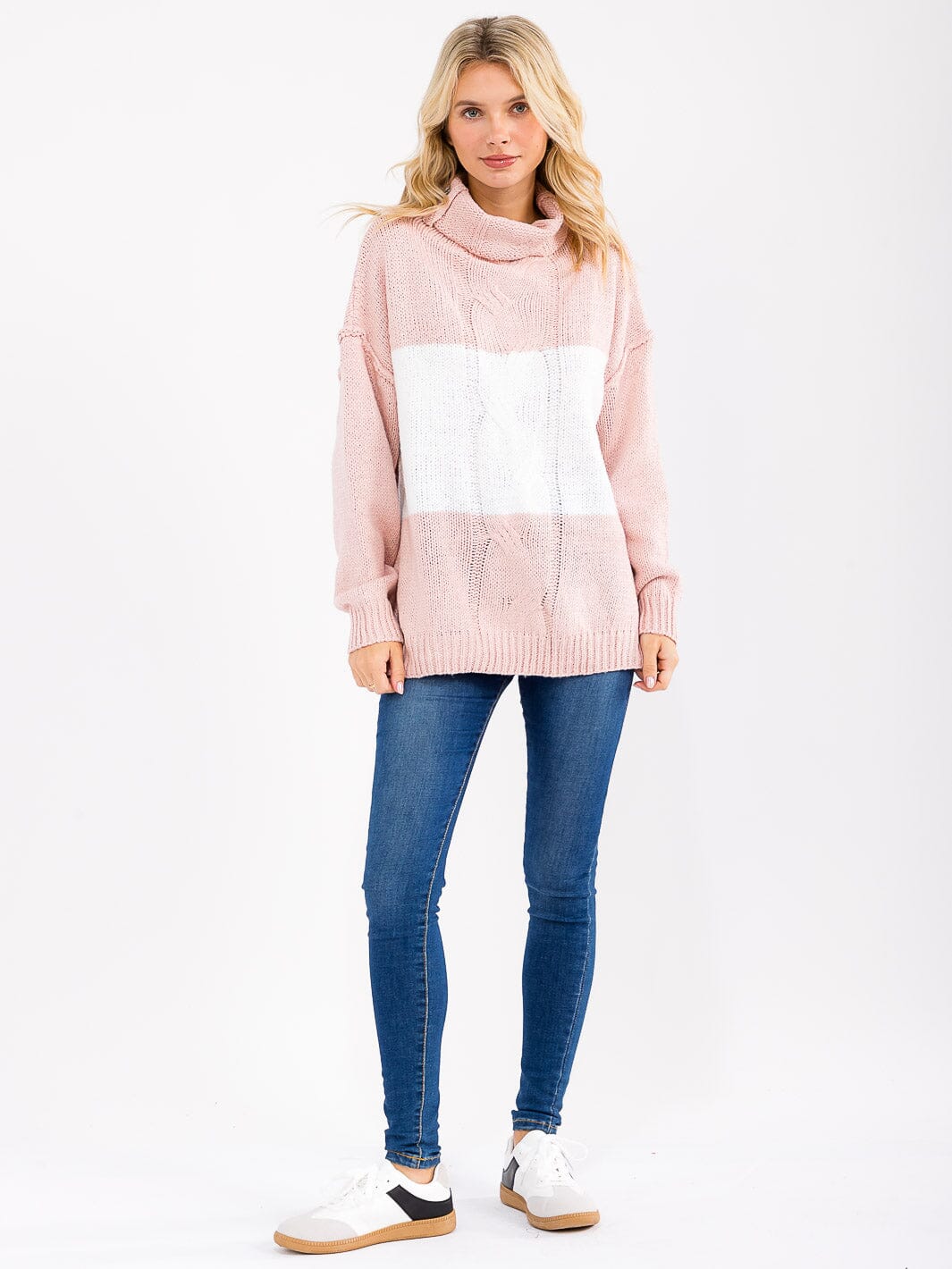 WOMEN'S LONG SLEEVE TURTLE NECK KNIT PULLOVER COLORBLOCK SWEATER