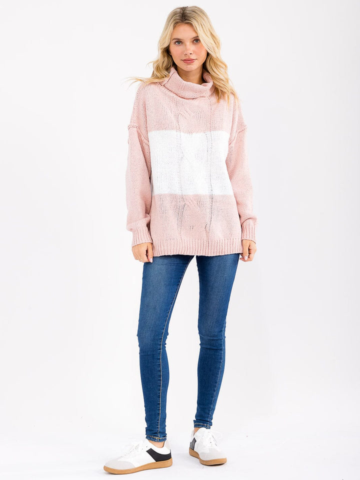 WOMEN'S LONG SLEEVE TURTLE NECK KNIT PULLOVER COLORBLOCK SWEATER