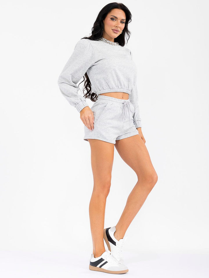 WOMEN'S LONG SLEEVE TOP & ELASTIC WAIST SHORTS STUDS DETAILED 2PC. SET