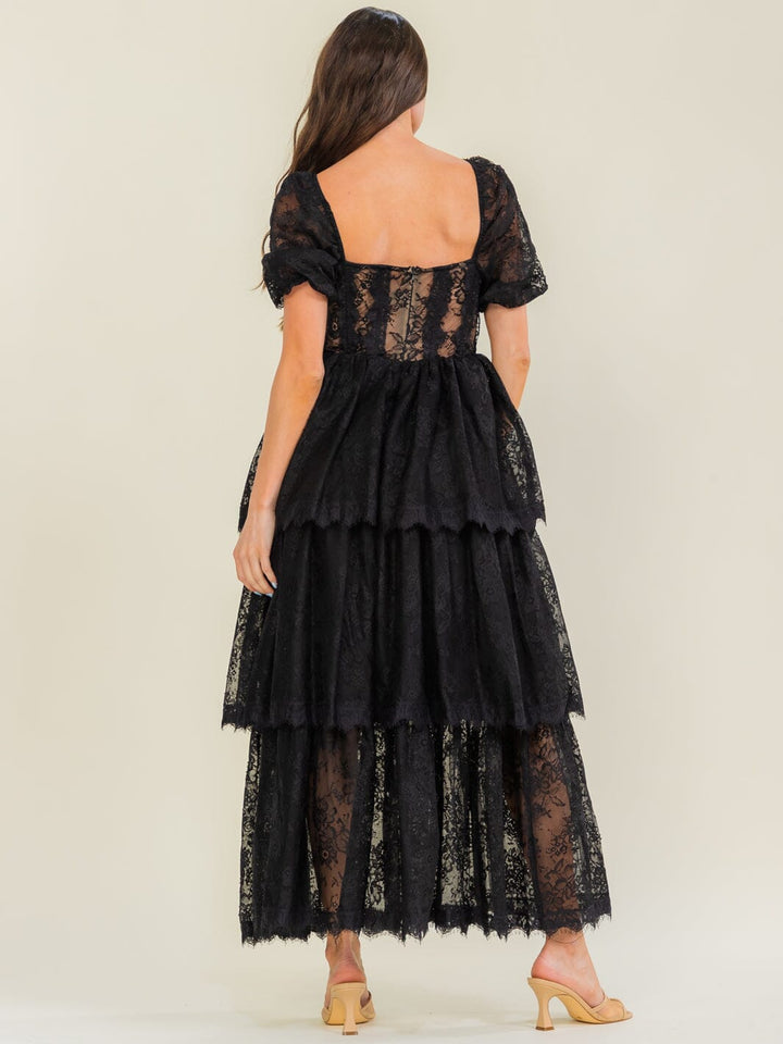 BEULAH WOMEN'S SHORT PUFF SLEEVE RUFFLE TIERED LACE MAXI DRESS