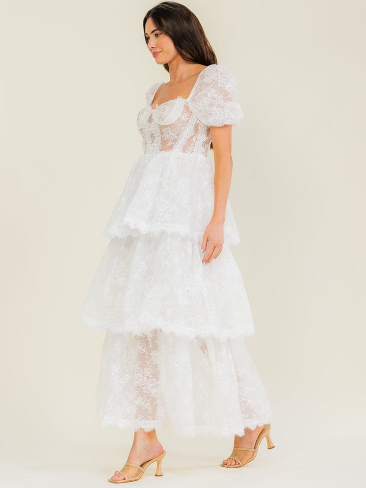 BEULAH WOMEN'S SHORT PUFF SLEEVE RUFFLE TIERED LACE MAXI DRESS