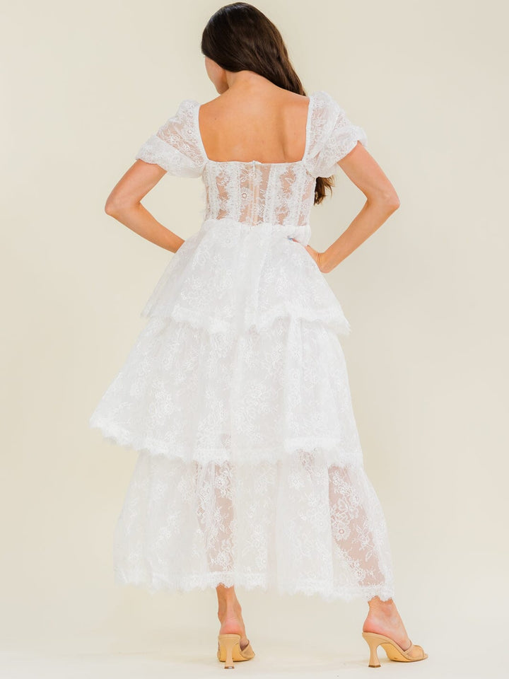 BEULAH WOMEN'S SHORT PUFF SLEEVE RUFFLE TIERED LACE MAXI DRESS