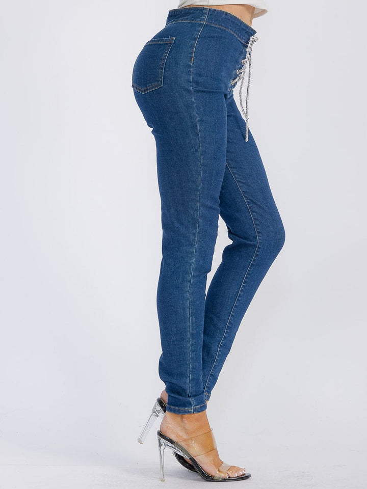 WOMEN'S LACE UP POCKETS DENIM SKINNY PANTS