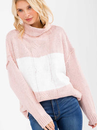 WOMEN'S LONG SLEEVE TURTLE NECK KNIT PULLOVER COLORBLOCK SWEATER