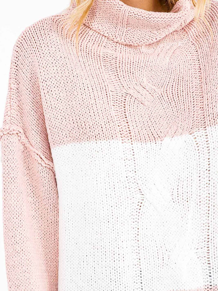 WOMEN'S LONG SLEEVE TURTLE NECK KNIT PULLOVER COLORBLOCK SWEATER