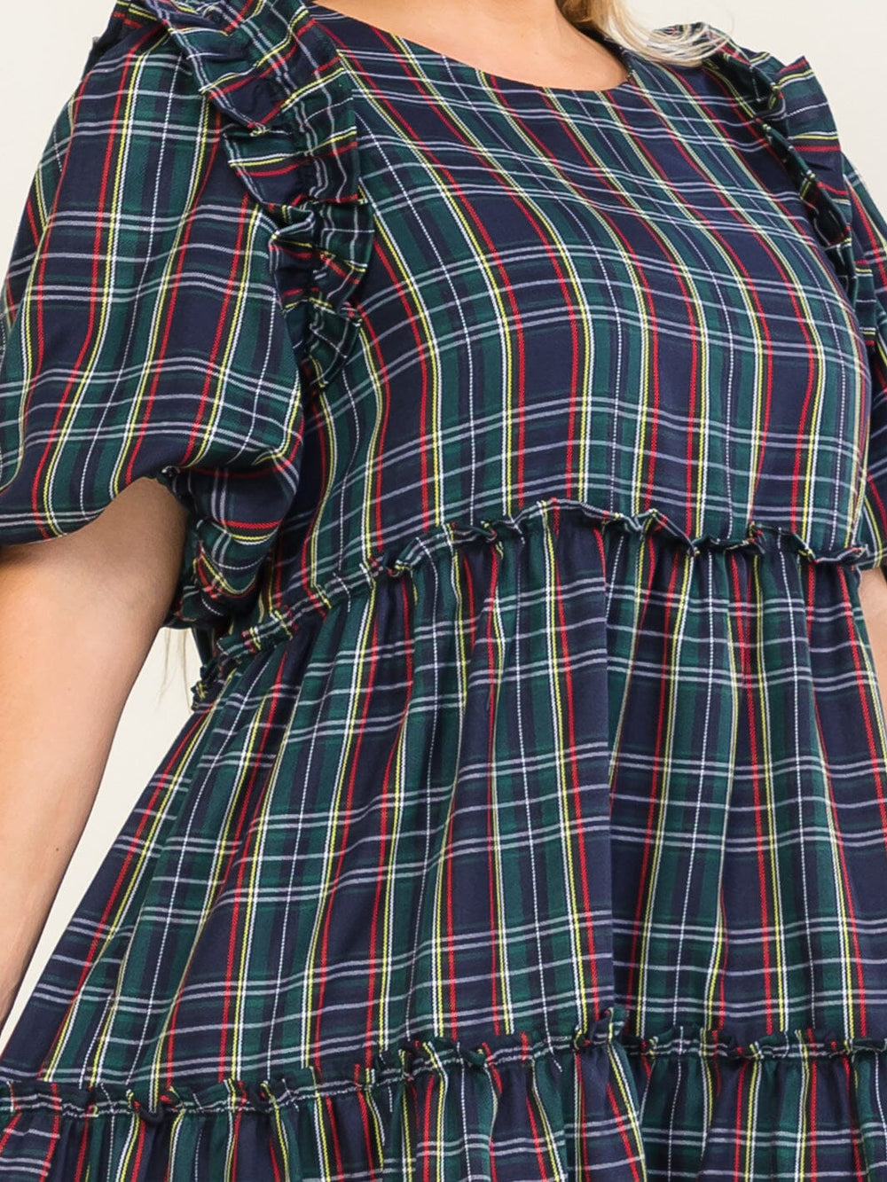 ENTRO PLUS SIZE SHORT SLEEVE POCKETS TIERED PLAID TUNIC MINI DRESS