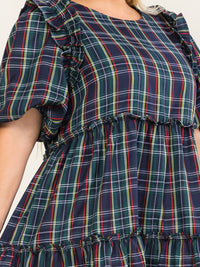 ENTRO PLUS SIZE SHORT SLEEVE POCKETS TIERED PLAID TUNIC MINI DRESS