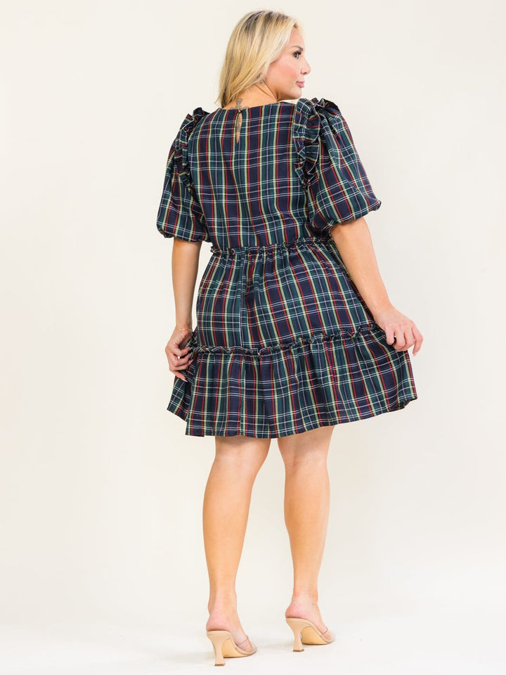 ENTRO PLUS SIZE SHORT SLEEVE POCKETS TIERED PLAID TUNIC MINI DRESS