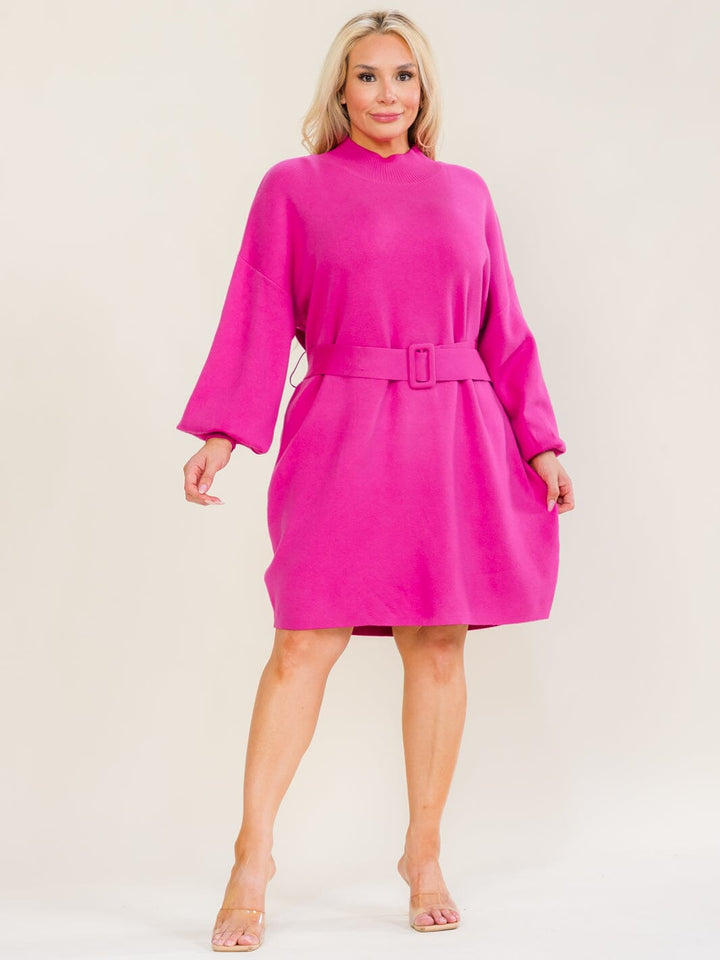 PLUS SIZE LONG SLEEVE BELTED SWEATER MINI DRESS