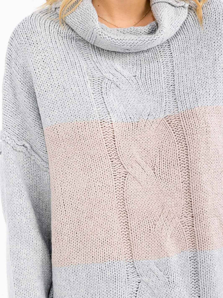 WOMEN'S LONG SLEEVE TURTLE NECK KNIT PULLOVER COLORBLOCK SWEATER