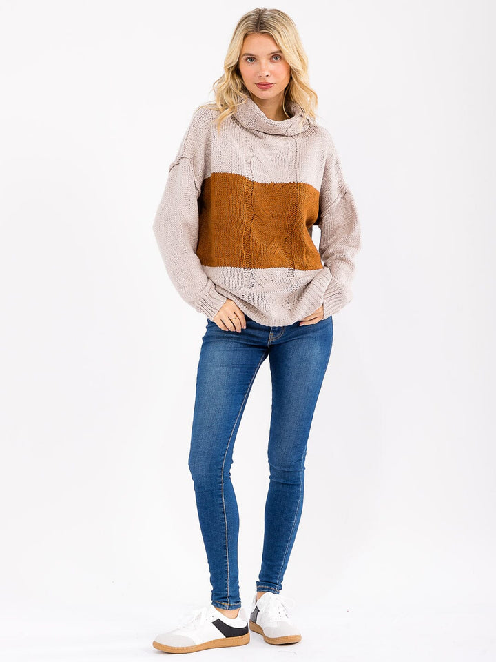 WOMEN'S LONG SLEEVE TURTLE NECK KNIT PULLOVER COLORBLOCK SWEATER