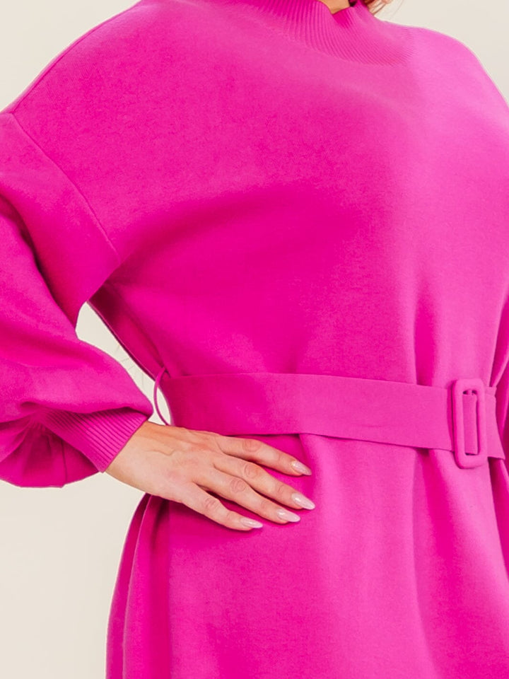 PLUS SIZE LONG SLEEVE BELTED SWEATER MINI DRESS
