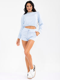 WOMEN'S LONG SLEEVE TOP & ELASTIC WAIST SHORTS STUDS DETAILED 2PC. SET