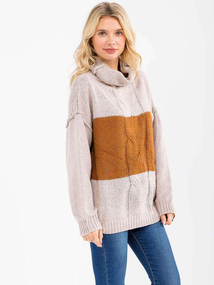 WOMEN'S LONG SLEEVE TURTLE NECK KNIT PULLOVER COLORBLOCK SWEATER