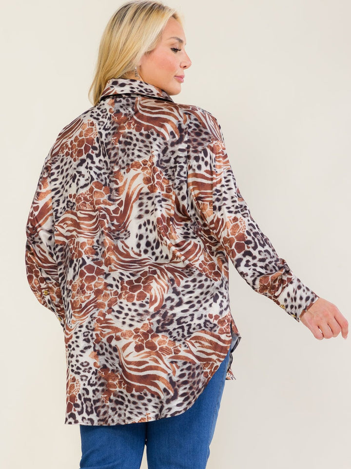 ENTRO PLUS SIZE LONG SLEEVE BUTTON UP HIGH-LOW ANIMAL PRINT BLOUSE