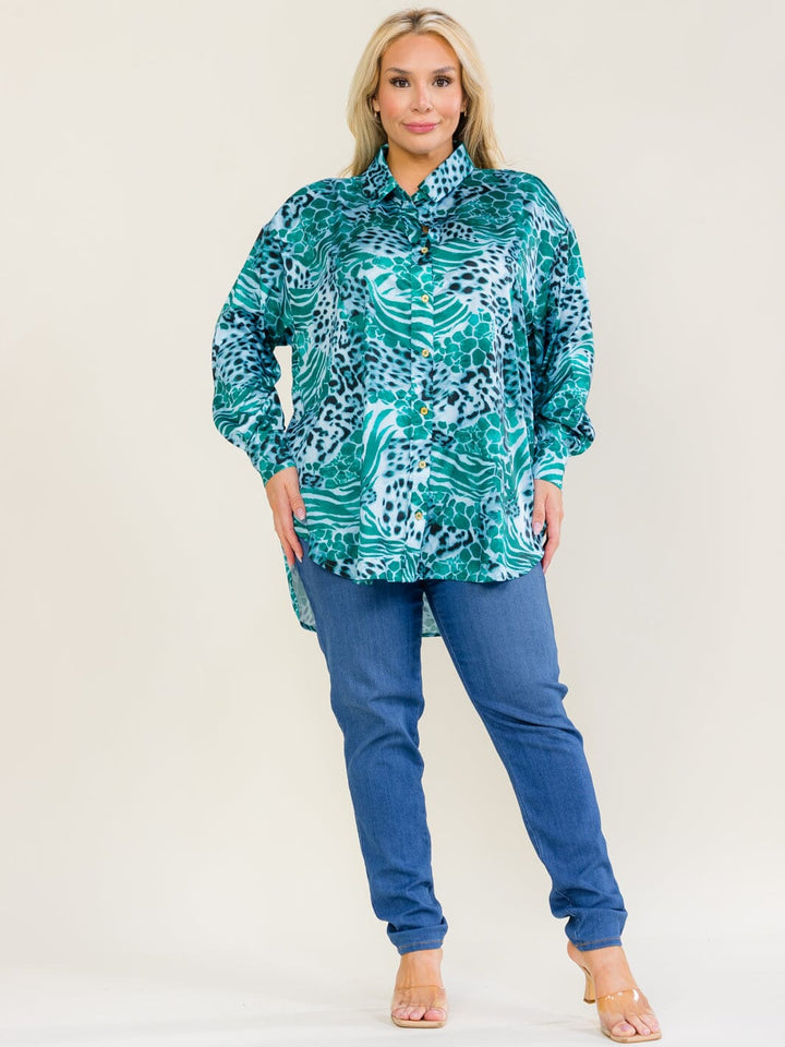 ENTRO PLUS SIZE LONG SLEEVE BUTTON UP HIGH-LOW ANIMAL PRINT BLOUSE