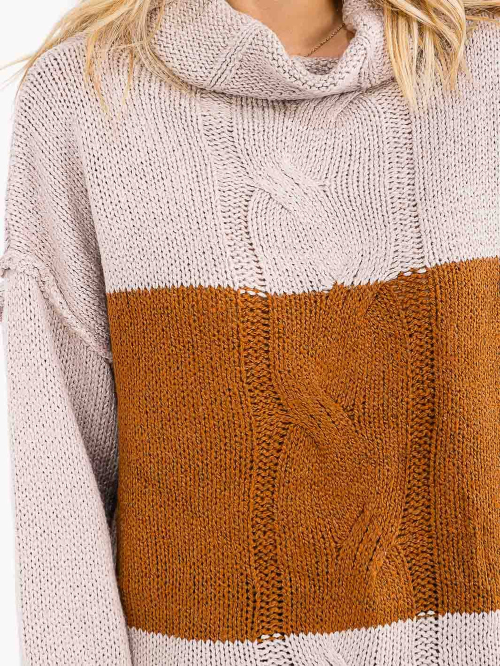 WOMEN'S LONG SLEEVE TURTLE NECK KNIT PULLOVER COLORBLOCK SWEATER