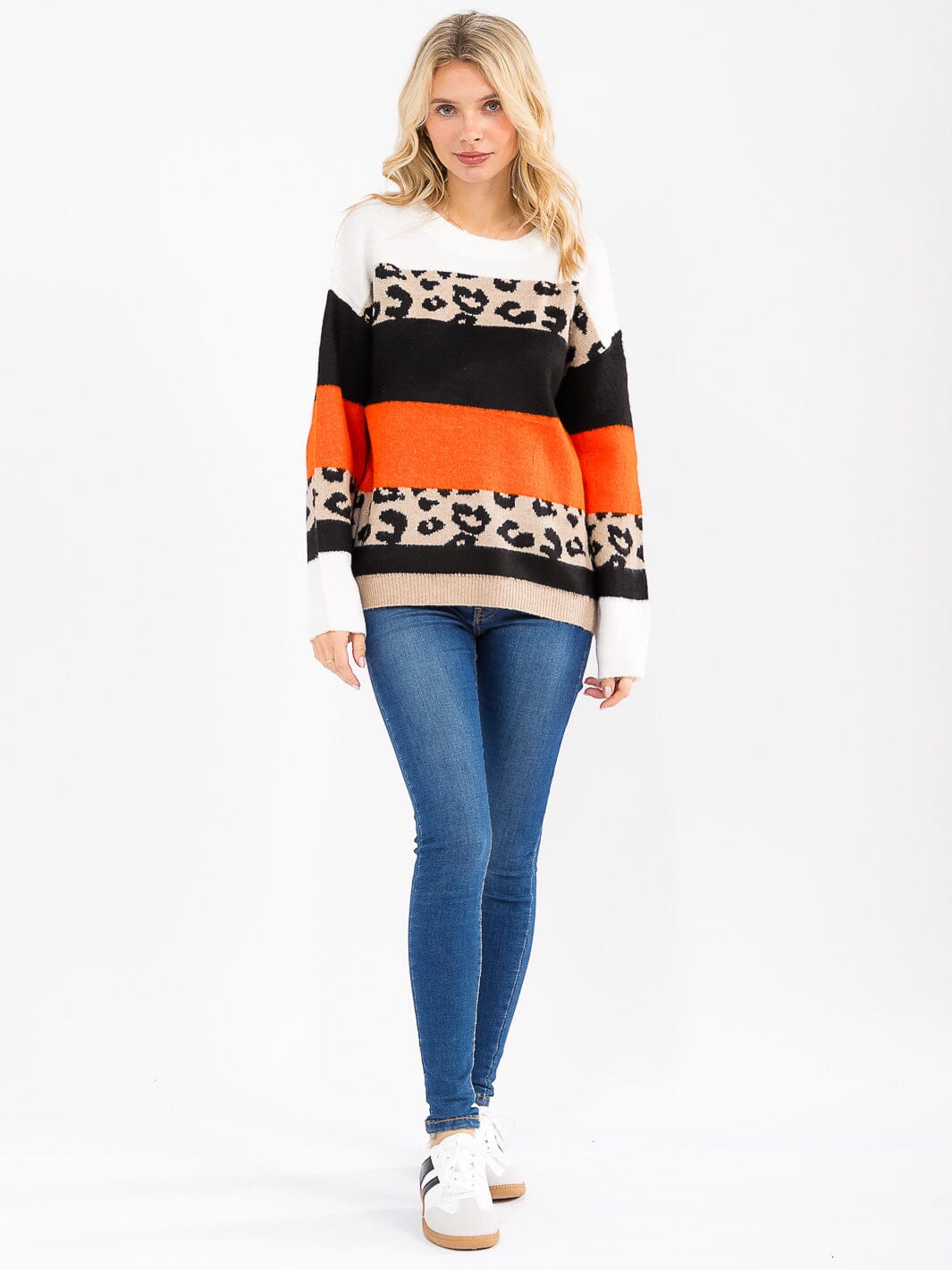 WOMEN'S LONG SLEEVE COLORBLOCK ANIMAL PRINT PULLOVER SWEATER