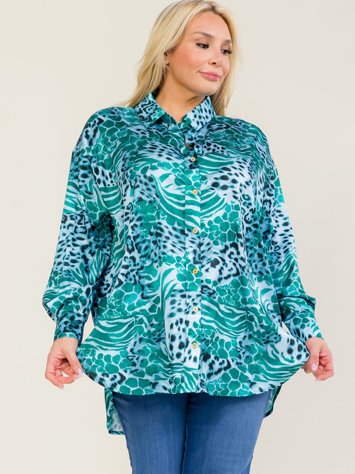 ENTRO PLUS SIZE LONG SLEEVE BUTTON UP HIGH-LOW ANIMAL PRINT BLOUSE