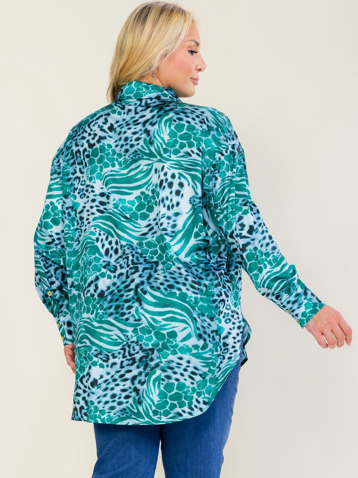 ENTRO PLUS SIZE LONG SLEEVE BUTTON UP HIGH-LOW ANIMAL PRINT BLOUSE