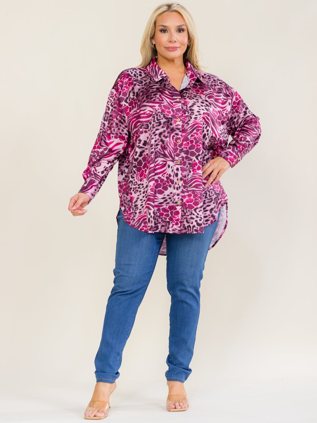 ENTRO PLUS SIZE LONG SLEEVE BUTTON UP HIGH-LOW ANIMAL PRINT BLOUSE