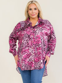 ENTRO PLUS SIZE LONG SLEEVE BUTTON UP HIGH-LOW ANIMAL PRINT BLOUSE