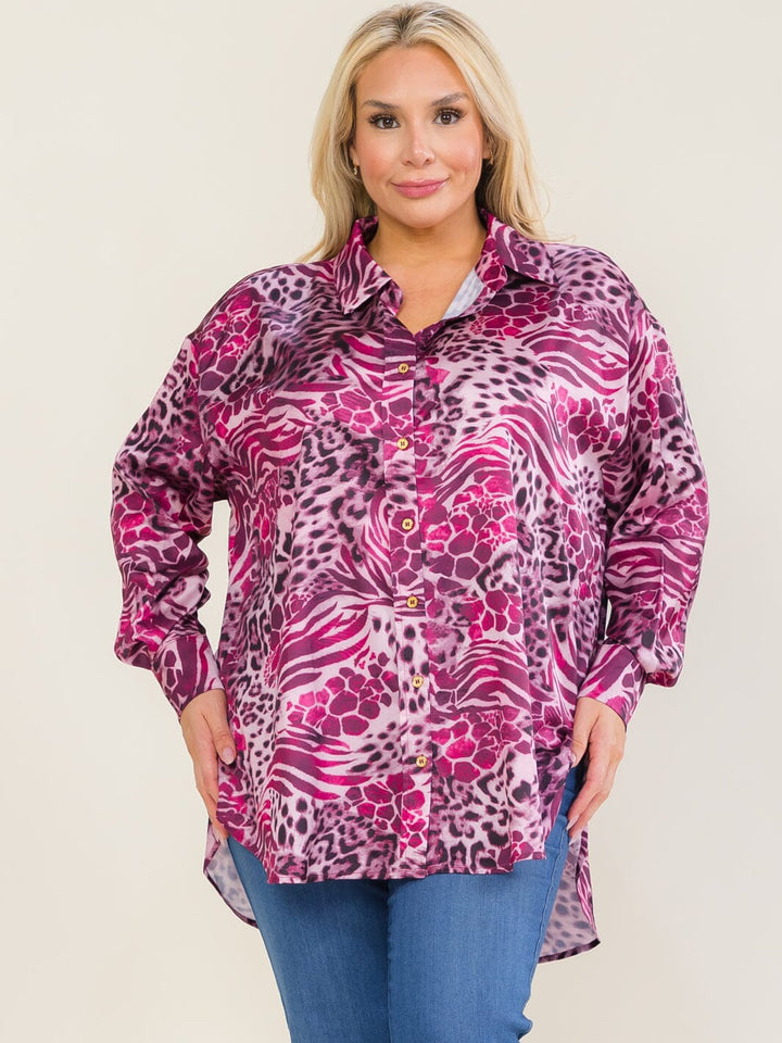 ENTRO PLUS SIZE LONG SLEEVE BUTTON UP HIGH-LOW ANIMAL PRINT BLOUSE