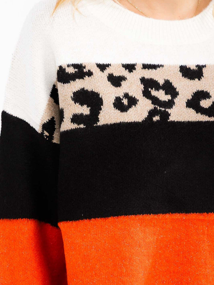 WOMEN'S LONG SLEEVE COLORBLOCK ANIMAL PRINT PULLOVER SWEATER