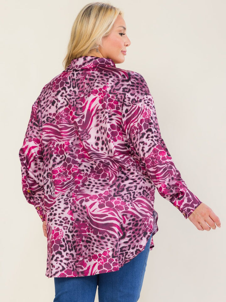 ENTRO PLUS SIZE LONG SLEEVE BUTTON UP HIGH-LOW ANIMAL PRINT BLOUSE