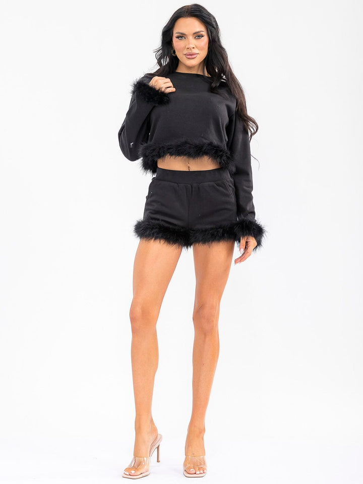 WOMEN'S LONG SLEEVE TOP & ELASTIC WAIST SHORTS TRIM DETAILED 2PC. SET