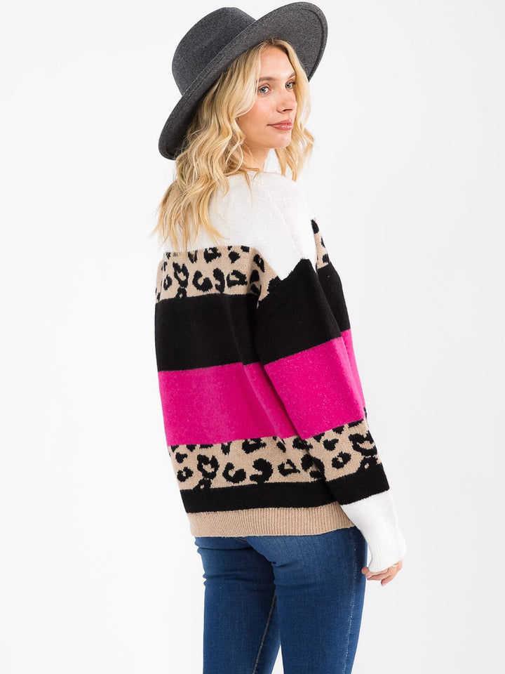 WOMEN'S LONG SLEEVE COLORBLOCK ANIMAL PRINT PULLOVER SWEATER