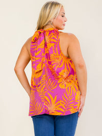 ENTRO PLUS SIZE SLEEVELESS TURTLE NECK LEAF PRINT BLOUSE