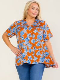ENTRO PLUS SIZE SHORT SLEEVE V-NECK FLORAL PRINT HIGH-LOW BLOUSE