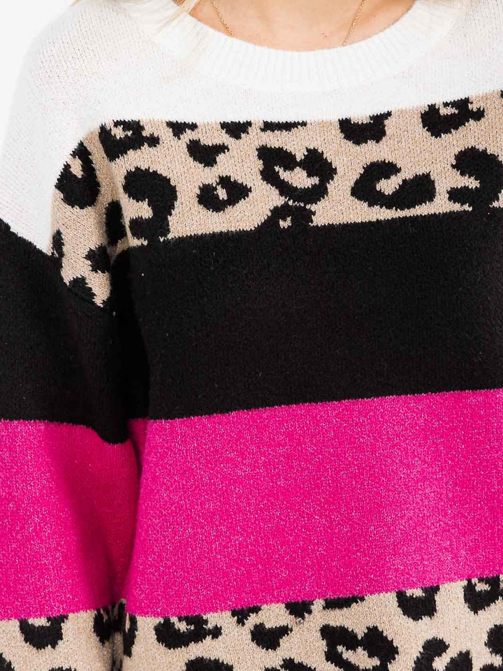 WOMEN'S LONG SLEEVE COLORBLOCK ANIMAL PRINT PULLOVER SWEATER
