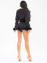 WOMEN'S LONG SLEEVE TOP & ELASTIC WAIST SHORTS TRIM DETAILED 2PC. SET