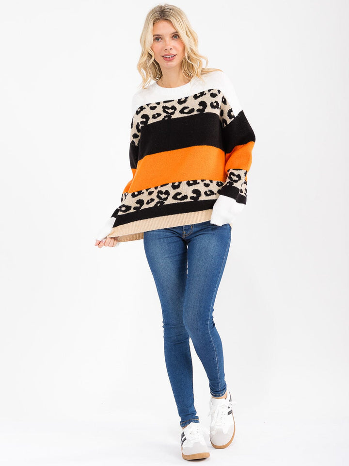 WOMEN'S LONG SLEEVE COLORBLOCK ANIMAL PRINT PULLOVER SWEATER
